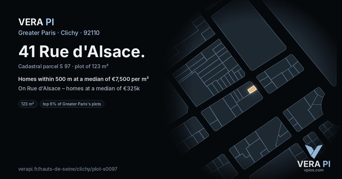41 Rue d'Alsace, Clichy at night – the plot lit, the parcels around coloured by the prices near them