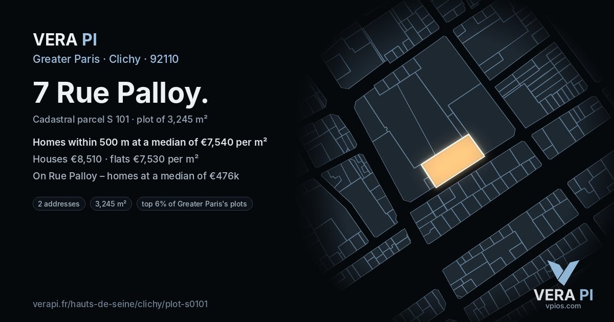 7 Rue Palloy, Clichy at night – the plot lit, the parcels around coloured by the prices near them