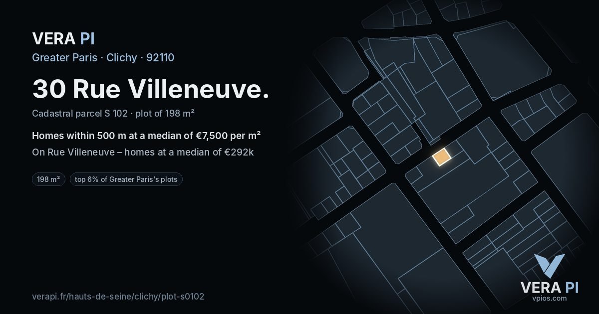 30 Rue Villeneuve, Clichy at night – the plot lit, the parcels around coloured by the prices near them