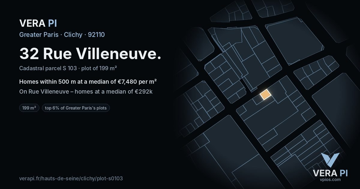 32 Rue Villeneuve, Clichy at night – the plot lit, the parcels around coloured by the prices near them