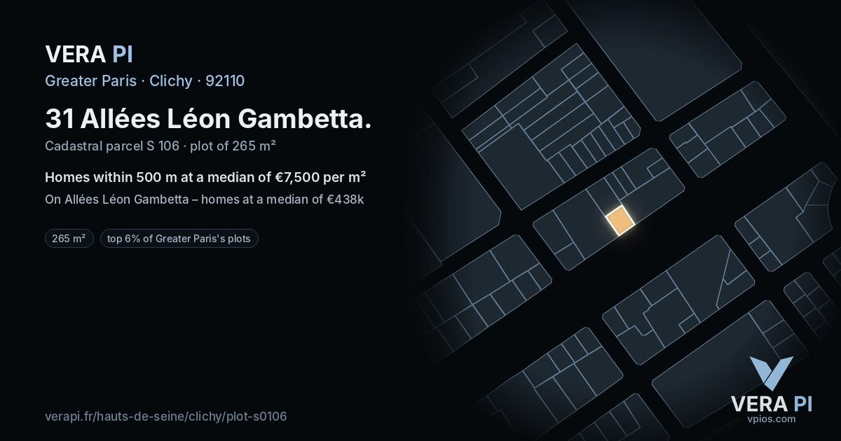31 Allées Léon Gambetta, Clichy at night – the plot lit, the parcels around coloured by the prices near them