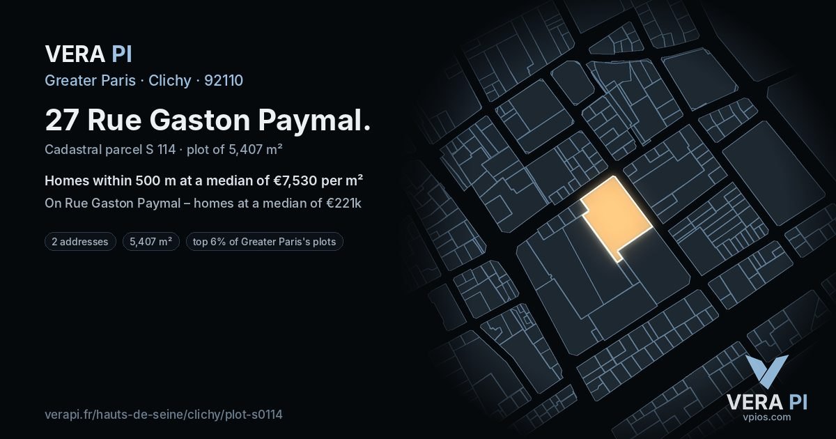 27 Rue Gaston Paymal, Clichy at night – the plot lit, the parcels around coloured by the prices near them