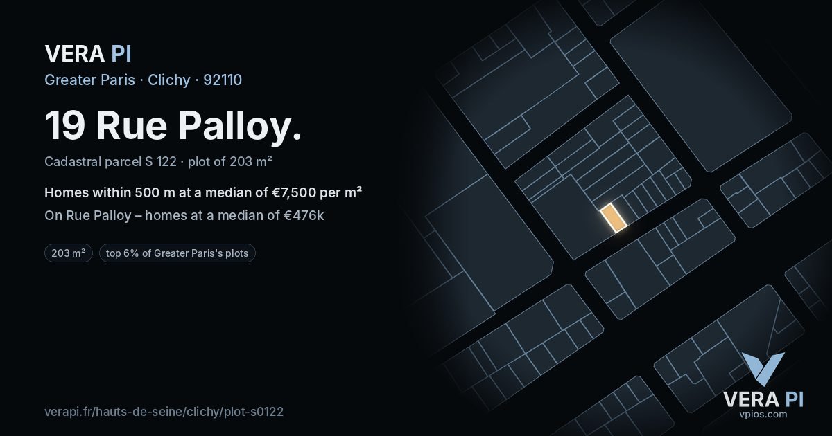 19 Rue Palloy, Clichy at night – the plot lit, the parcels around coloured by the prices near them