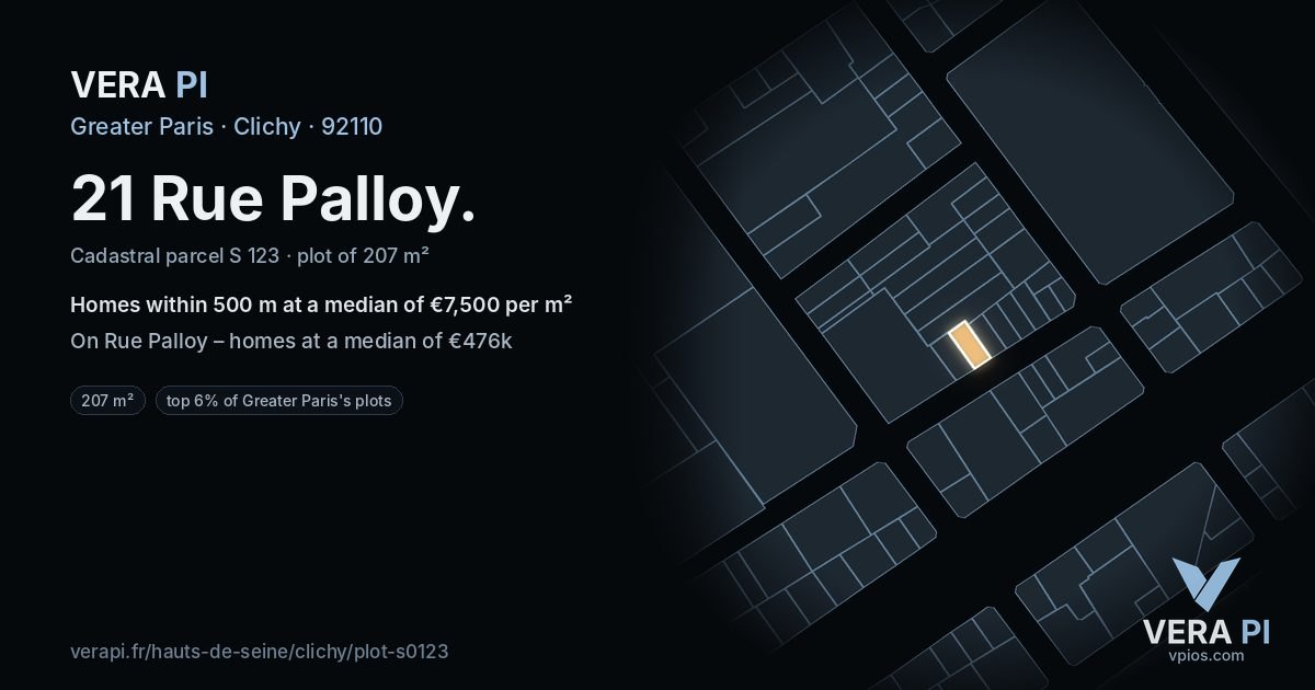 21 Rue Palloy, Clichy at night – the plot lit, the parcels around coloured by the prices near them