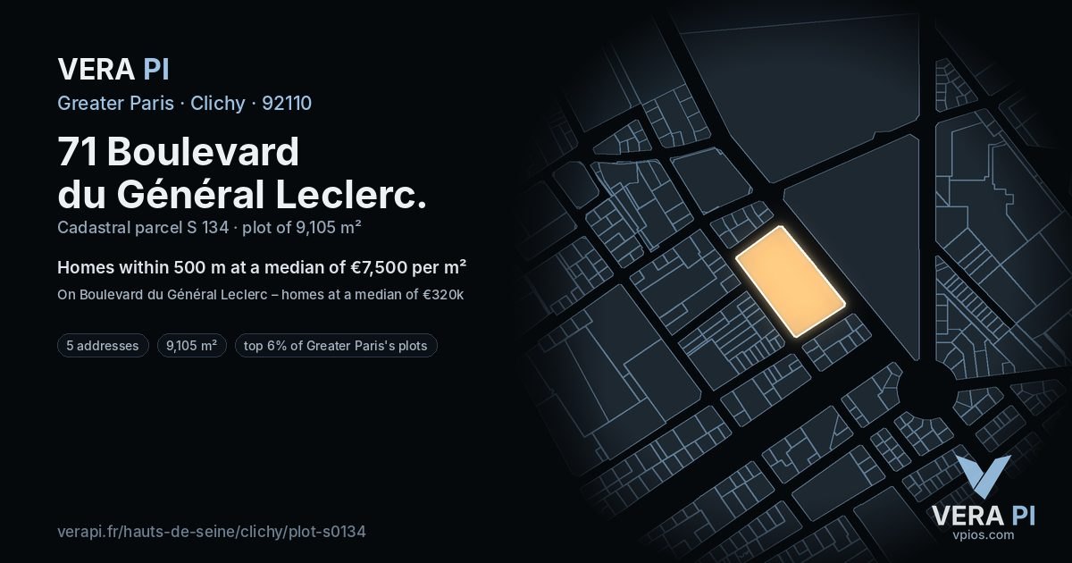 71 Boulevard du Général Leclerc, Clichy at night – the plot lit, the parcels around coloured by the prices near them