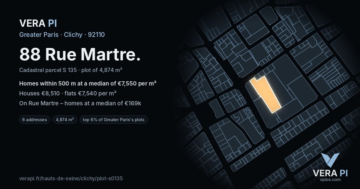 88 Rue Martre, Clichy at night – the plot lit, the parcels around coloured by the prices near them
