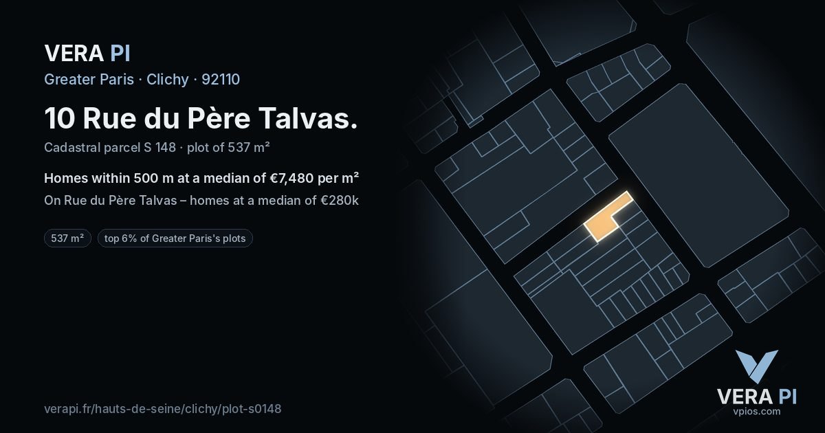 10 Rue du Père Talvas, Clichy at night – the plot lit, the parcels around coloured by the prices near them