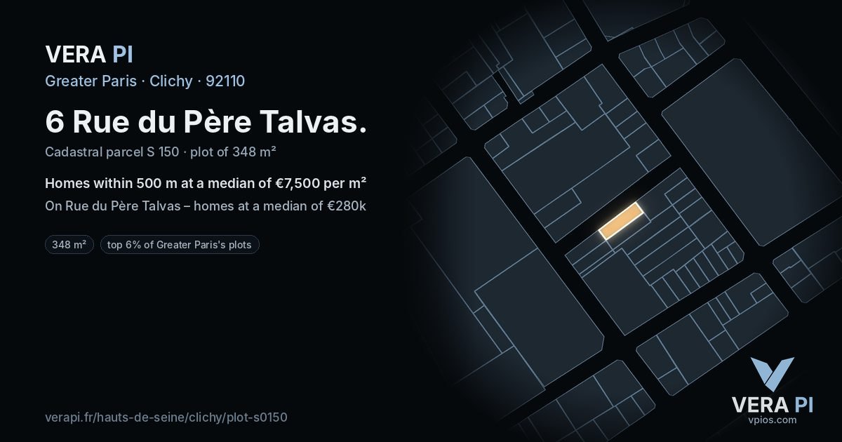 6 Rue du Père Talvas, Clichy at night – the plot lit, the parcels around coloured by the prices near them