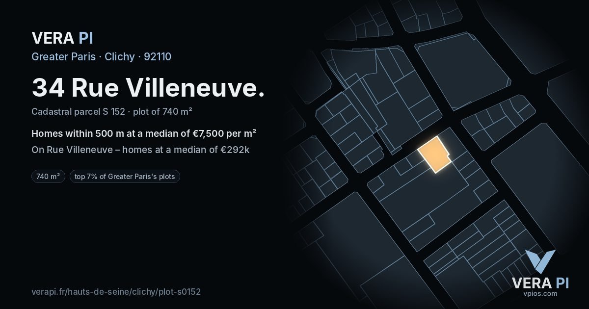 34 Rue Villeneuve, Clichy at night – the plot lit, the parcels around coloured by the prices near them
