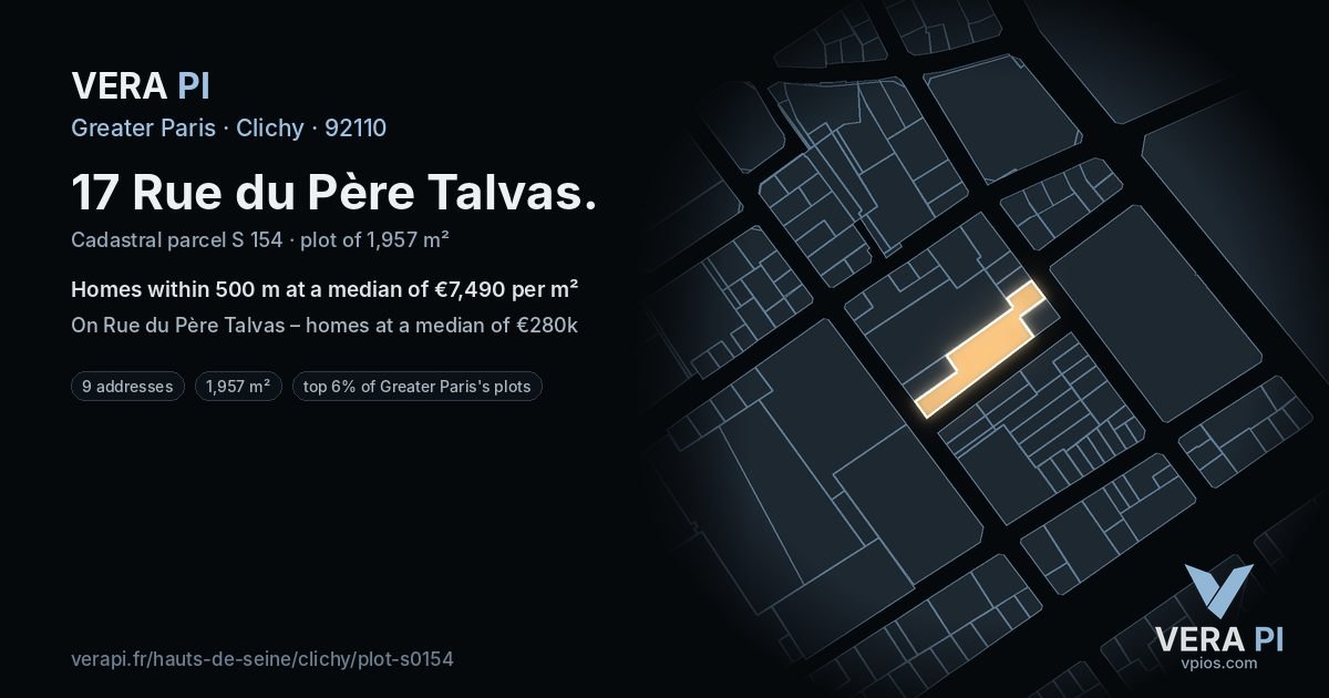 17 Rue du Père Talvas, Clichy at night – the plot lit, the parcels around coloured by the prices near them