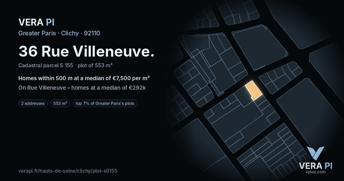 36 Rue Villeneuve, Clichy at night – the plot lit, the parcels around coloured by the prices near them