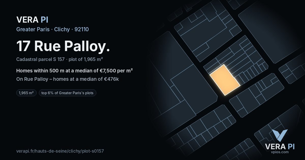 17 Rue Palloy, Clichy at night – the plot lit, the parcels around coloured by the prices near them