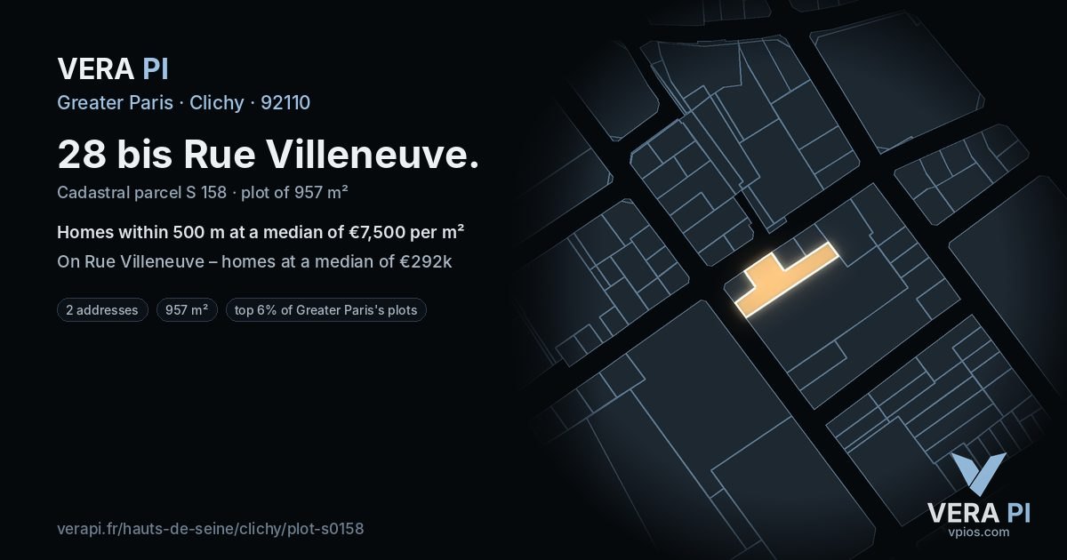 28 bis Rue Villeneuve, Clichy at night – the plot lit, the parcels around coloured by the prices near them