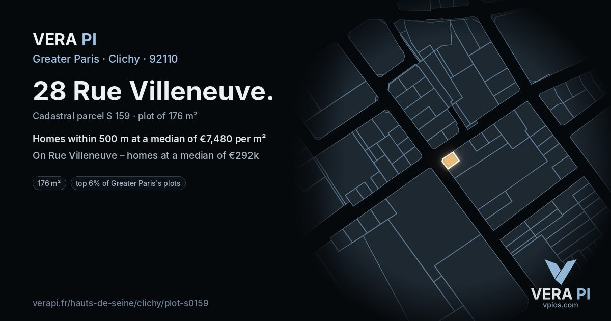 28 Rue Villeneuve, Clichy at night – the plot lit, the parcels around coloured by the prices near them