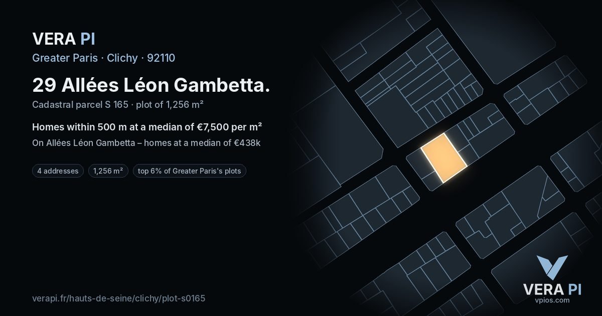 29 Allées Léon Gambetta, Clichy at night – the plot lit, the parcels around coloured by the prices near them