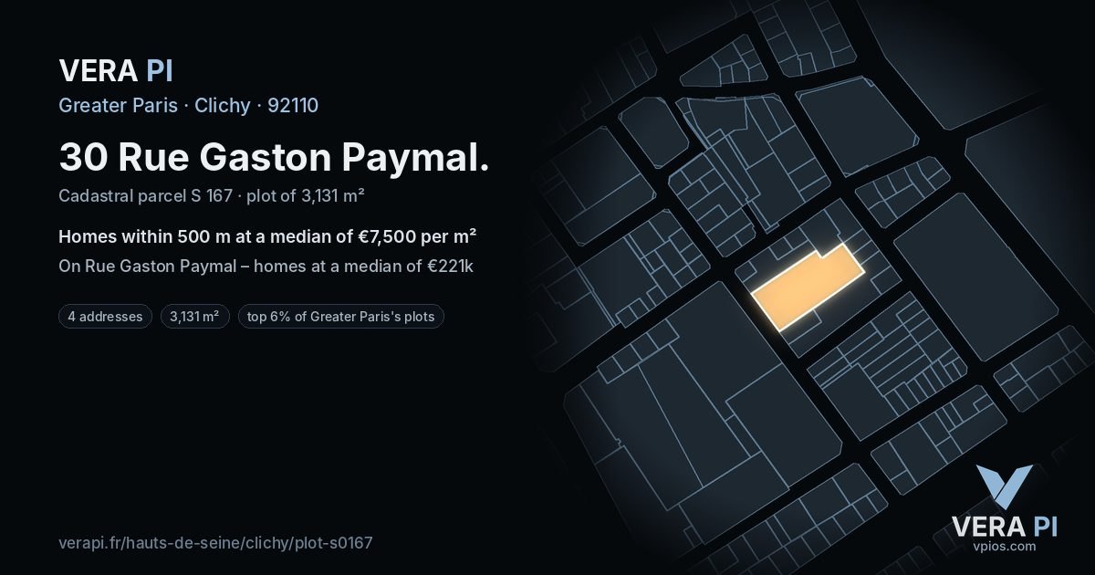 30 Rue Gaston Paymal, Clichy at night – the plot lit, the parcels around coloured by the prices near them