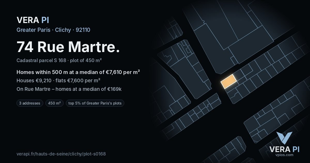 74 Rue Martre, Clichy at night – the plot lit, the parcels around coloured by the prices near them