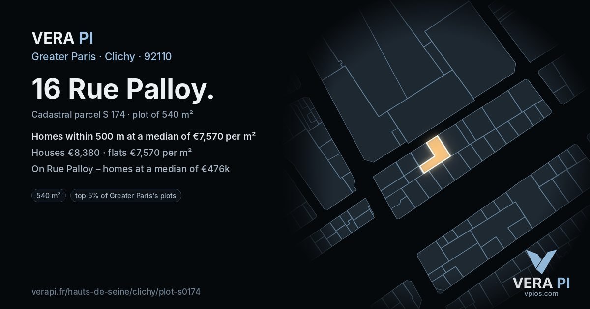 16 Rue Palloy, Clichy at night – the plot lit, the parcels around coloured by the prices near them