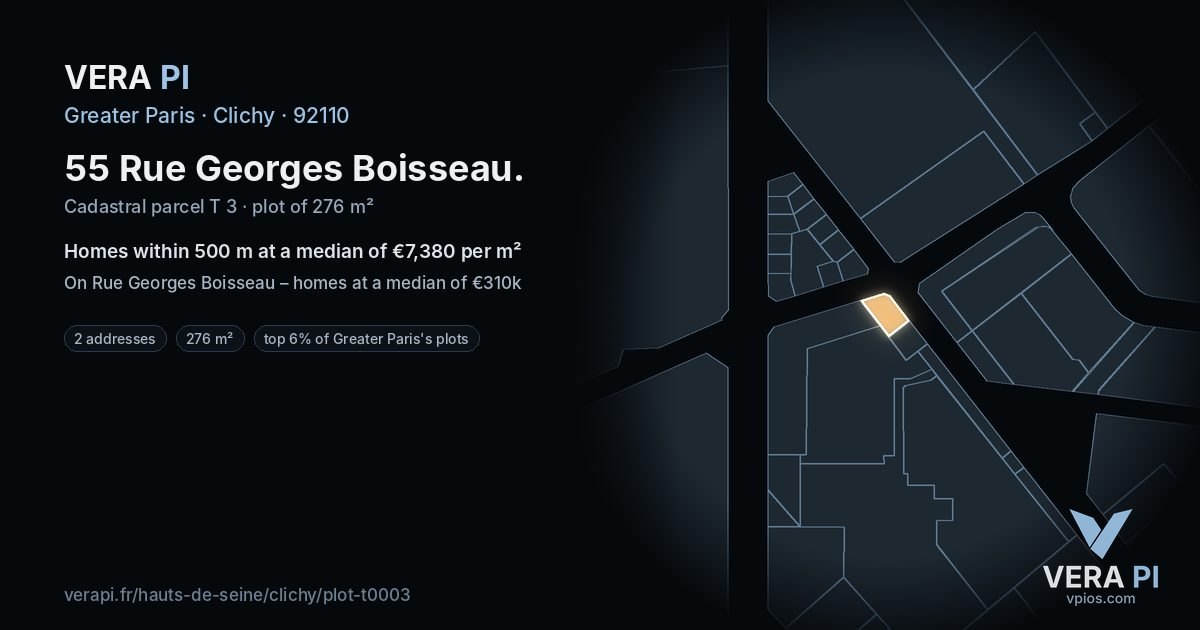 55 Rue Georges Boisseau, Clichy at night – the plot lit, the parcels around coloured by the prices near them