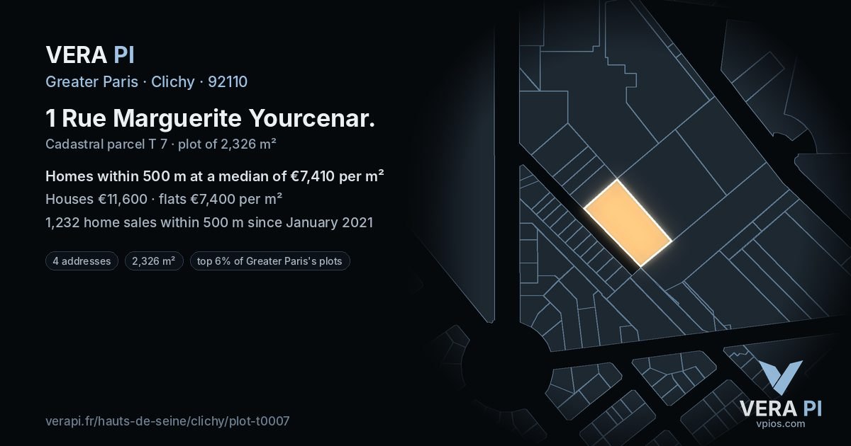 1 Rue Marguerite Yourcenar, Clichy at night – the plot lit, the parcels around coloured by the prices near them