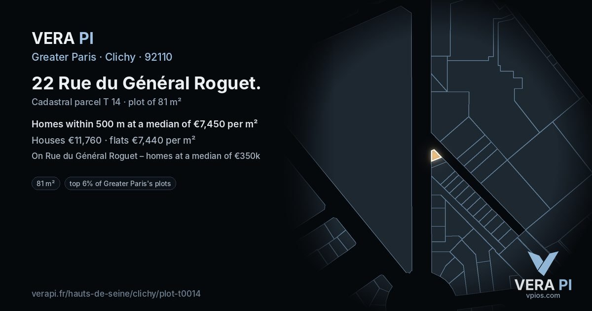 22 Rue du Général Roguet, Clichy at night – the plot lit, the parcels around coloured by the prices near them