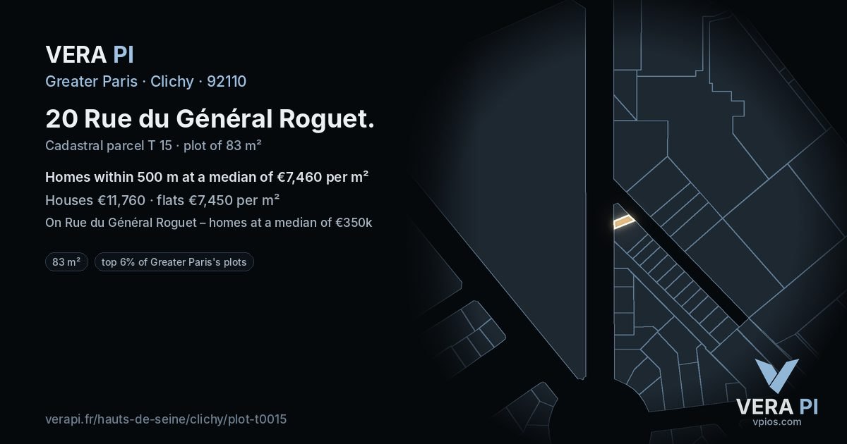 20 Rue du Général Roguet, Clichy at night – the plot lit, the parcels around coloured by the prices near them