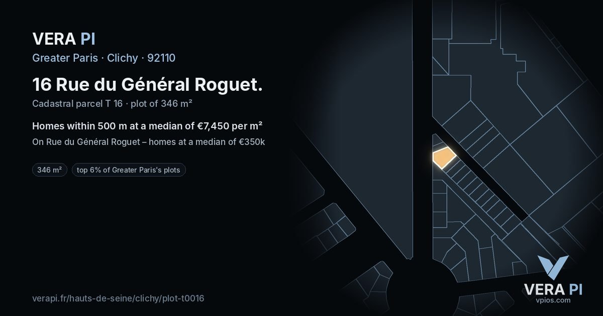 16 Rue du Général Roguet, Clichy at night – the plot lit, the parcels around coloured by the prices near them