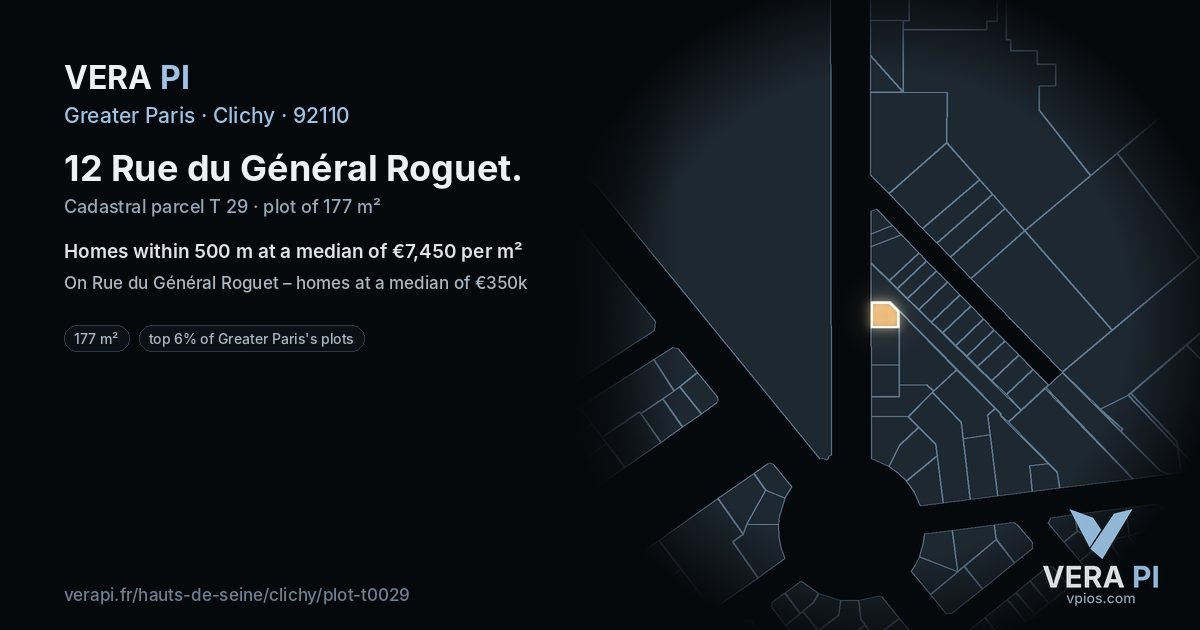 12 Rue du Général Roguet, Clichy at night – the plot lit, the parcels around coloured by the prices near them