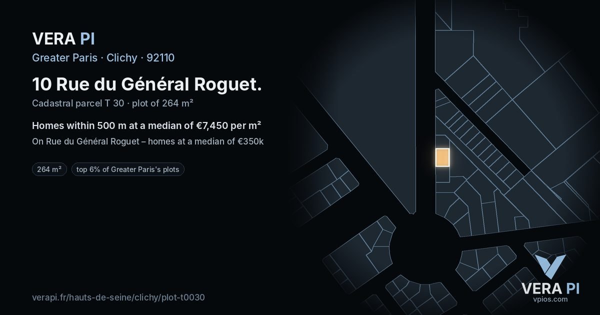 10 Rue du Général Roguet, Clichy at night – the plot lit, the parcels around coloured by the prices near them