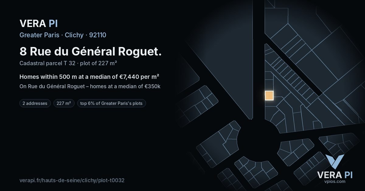 8 Rue du Général Roguet, Clichy at night – the plot lit, the parcels around coloured by the prices near them