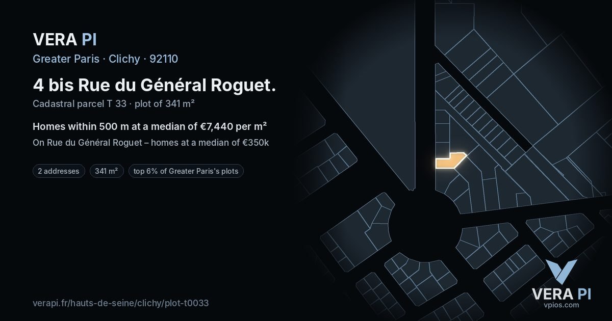 4 bis Rue du Général Roguet, Clichy at night – the plot lit, the parcels around coloured by the prices near them