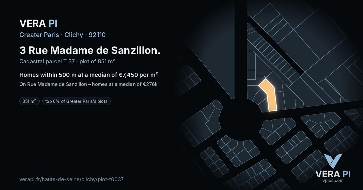3 Rue Madame de Sanzillon, Clichy at night – the plot lit, the parcels around coloured by the prices near them