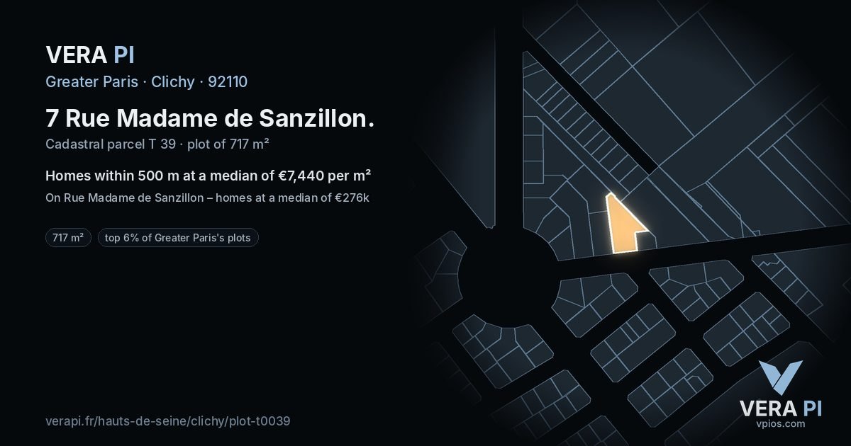 7 Rue Madame de Sanzillon, Clichy at night – the plot lit, the parcels around coloured by the prices near them