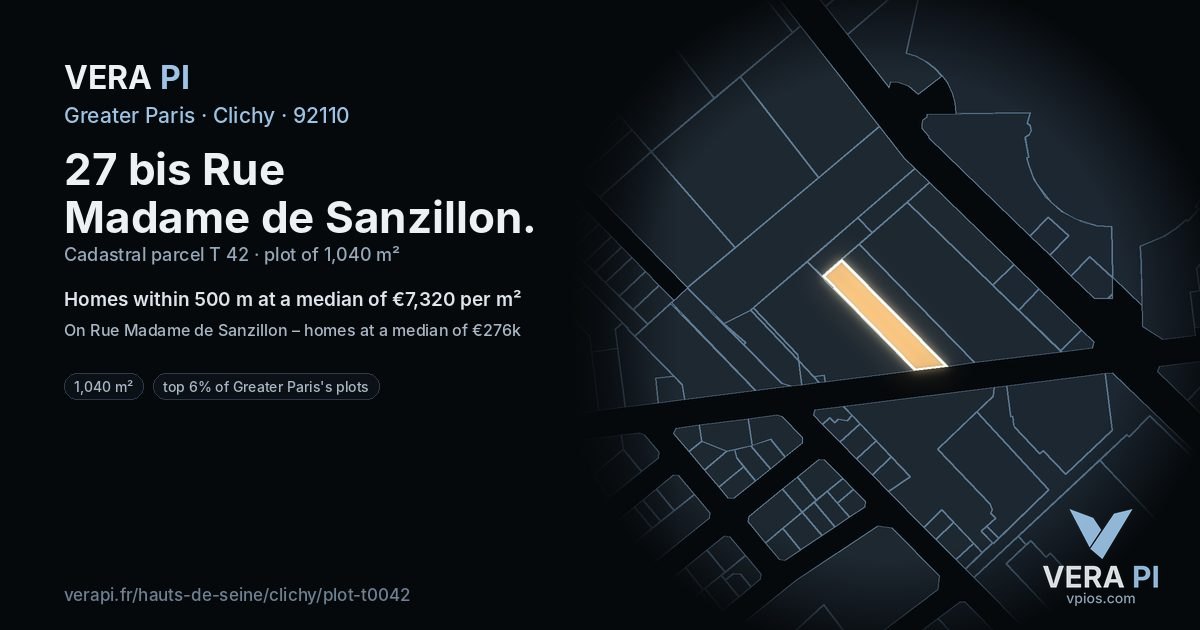 27 bis Rue Madame de Sanzillon, Clichy at night – the plot lit, the parcels around coloured by the prices near them