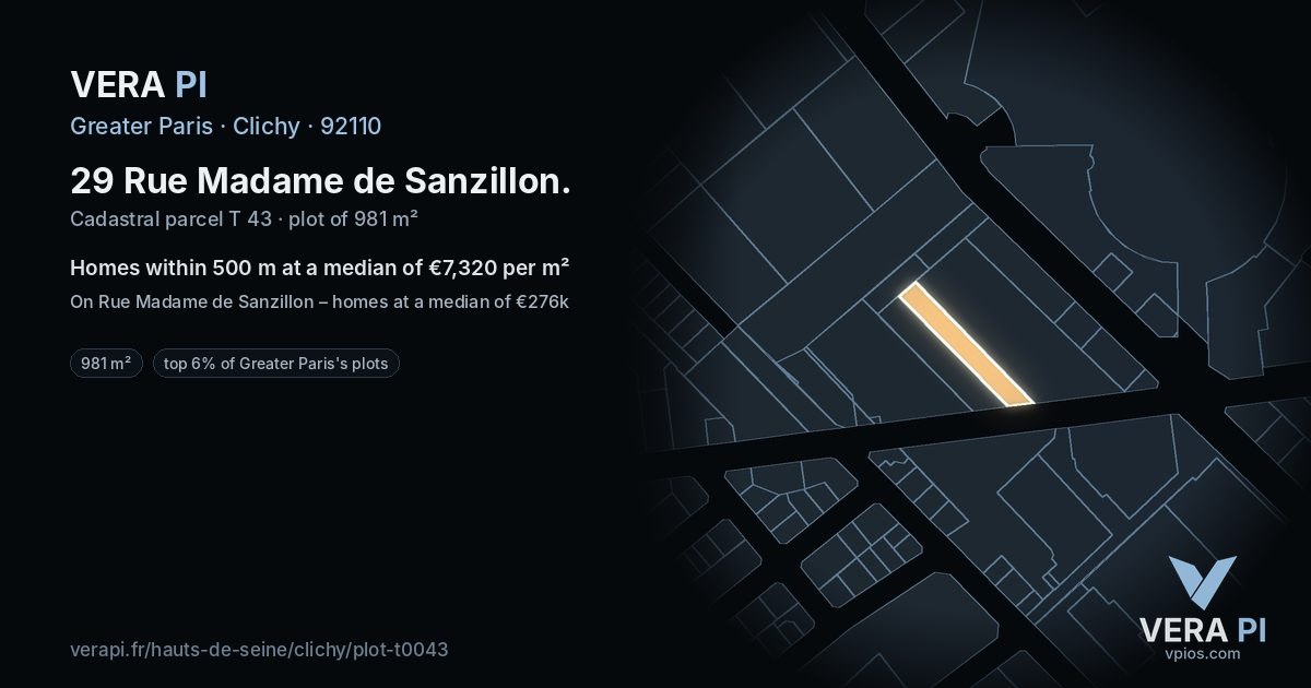 29 Rue Madame de Sanzillon, Clichy at night – the plot lit, the parcels around coloured by the prices near them