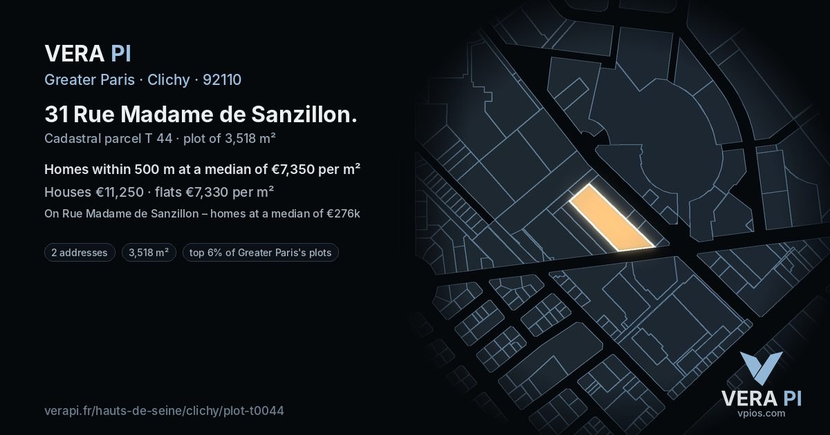 31 Rue Madame de Sanzillon, Clichy at night – the plot lit, the parcels around coloured by the prices near them