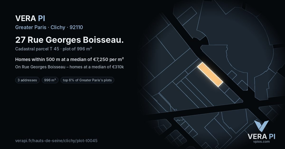 27 Rue Georges Boisseau, Clichy at night – the plot lit, the parcels around coloured by the prices near them