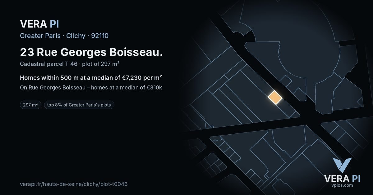 23 Rue Georges Boisseau, Clichy at night – the plot lit, the parcels around coloured by the prices near them