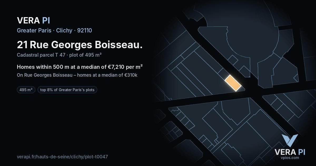21 Rue Georges Boisseau, Clichy at night – the plot lit, the parcels around coloured by the prices near them