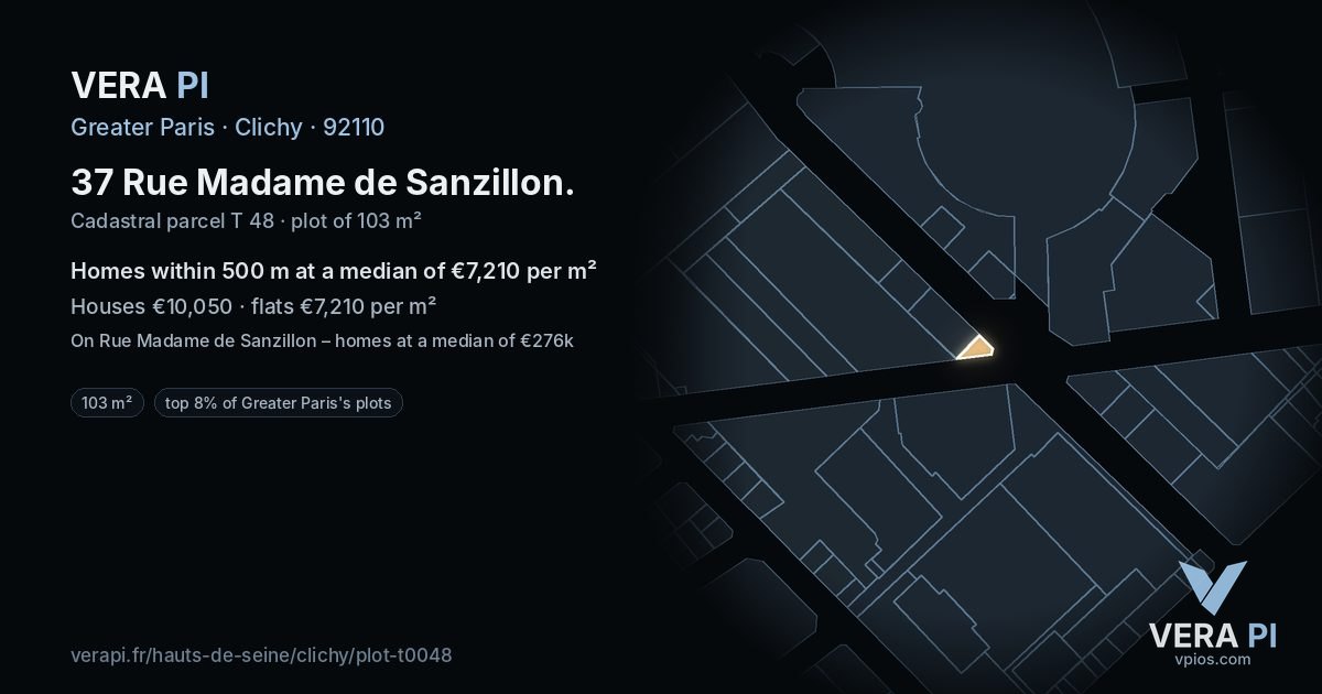 37 Rue Madame de Sanzillon, Clichy at night – the plot lit, the parcels around coloured by the prices near them