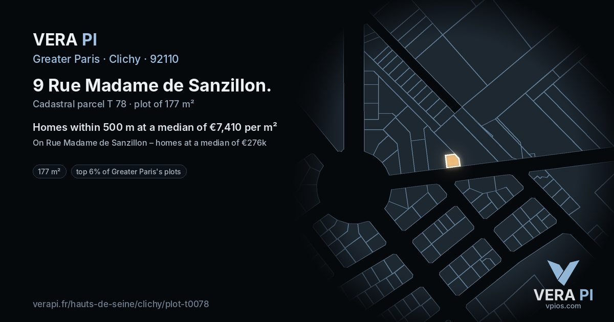 9 Rue Madame de Sanzillon, Clichy at night – the plot lit, the parcels around coloured by the prices near them