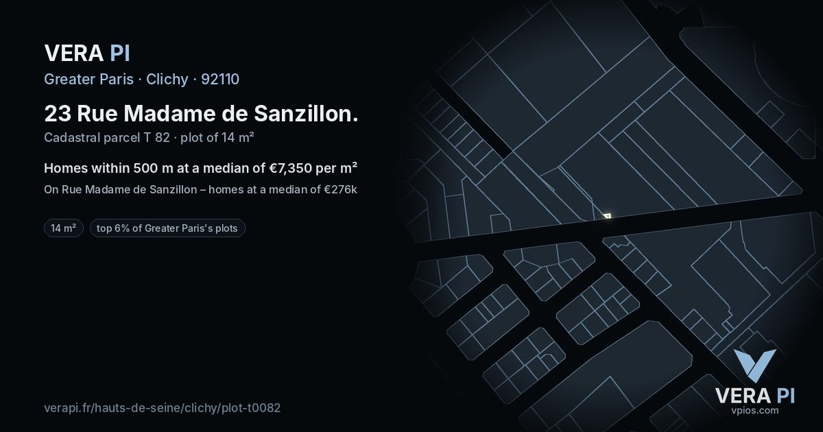 23 Rue Madame de Sanzillon, Clichy at night – the plot lit, the parcels around coloured by the prices near them