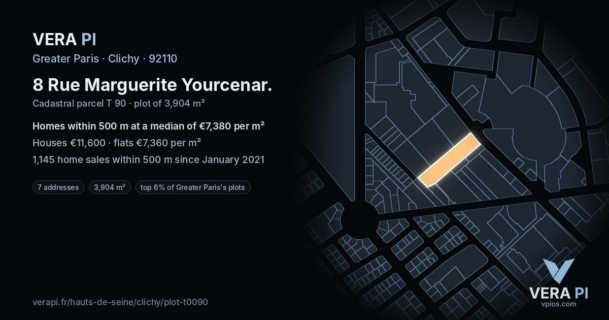 8 Rue Marguerite Yourcenar, Clichy at night – the plot lit, the parcels around coloured by the prices near them
