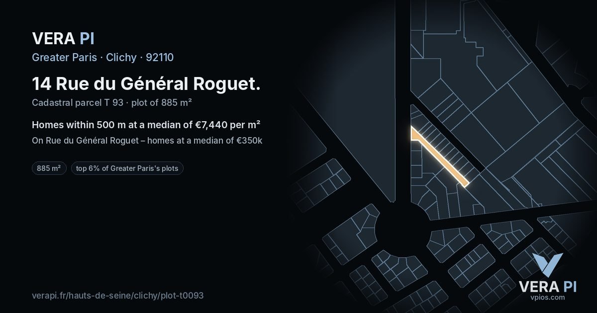 14 Rue du Général Roguet, Clichy at night – the plot lit, the parcels around coloured by the prices near them