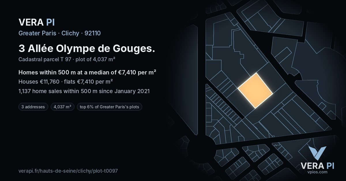 3 Allée Olympe de Gouges, Clichy at night – the plot lit, the parcels around coloured by the prices near them