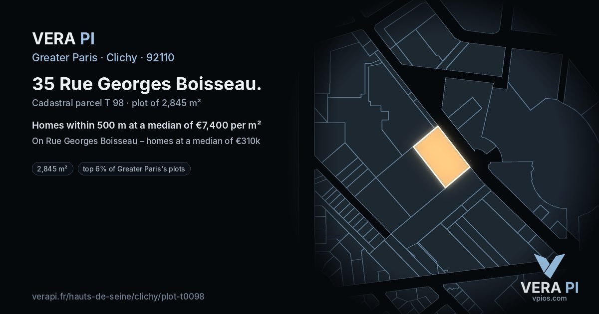 35 Rue Georges Boisseau, Clichy at night – the plot lit, the parcels around coloured by the prices near them