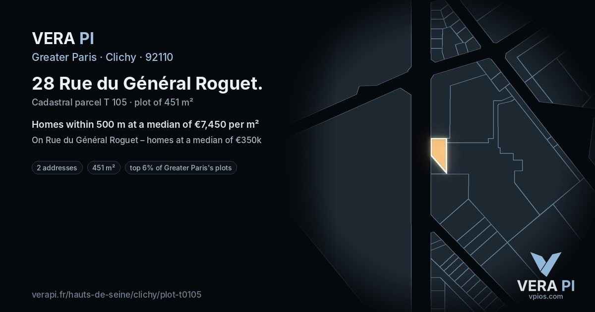 28 Rue du Général Roguet, Clichy at night – the plot lit, the parcels around coloured by the prices near them