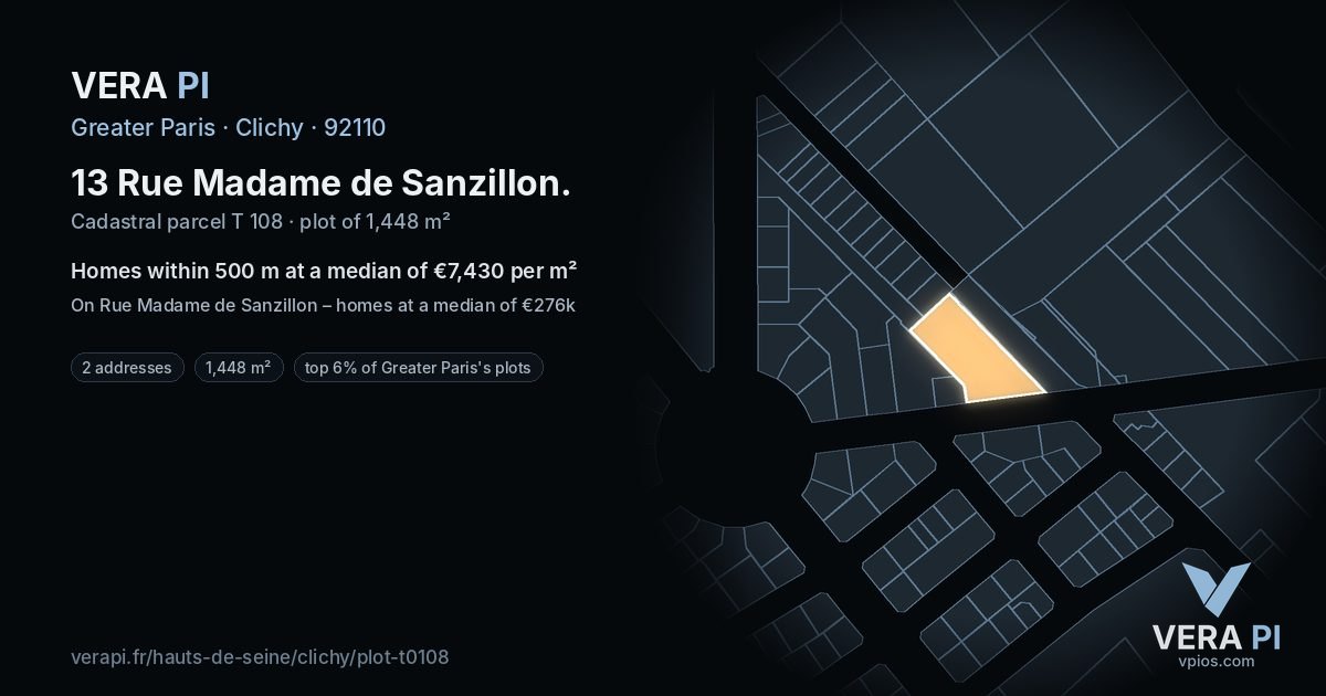 13 Rue Madame de Sanzillon, Clichy at night – the plot lit, the parcels around coloured by the prices near them