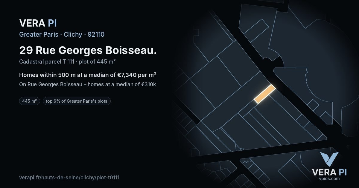 29 Rue Georges Boisseau, Clichy at night – the plot lit, the parcels around coloured by the prices near them
