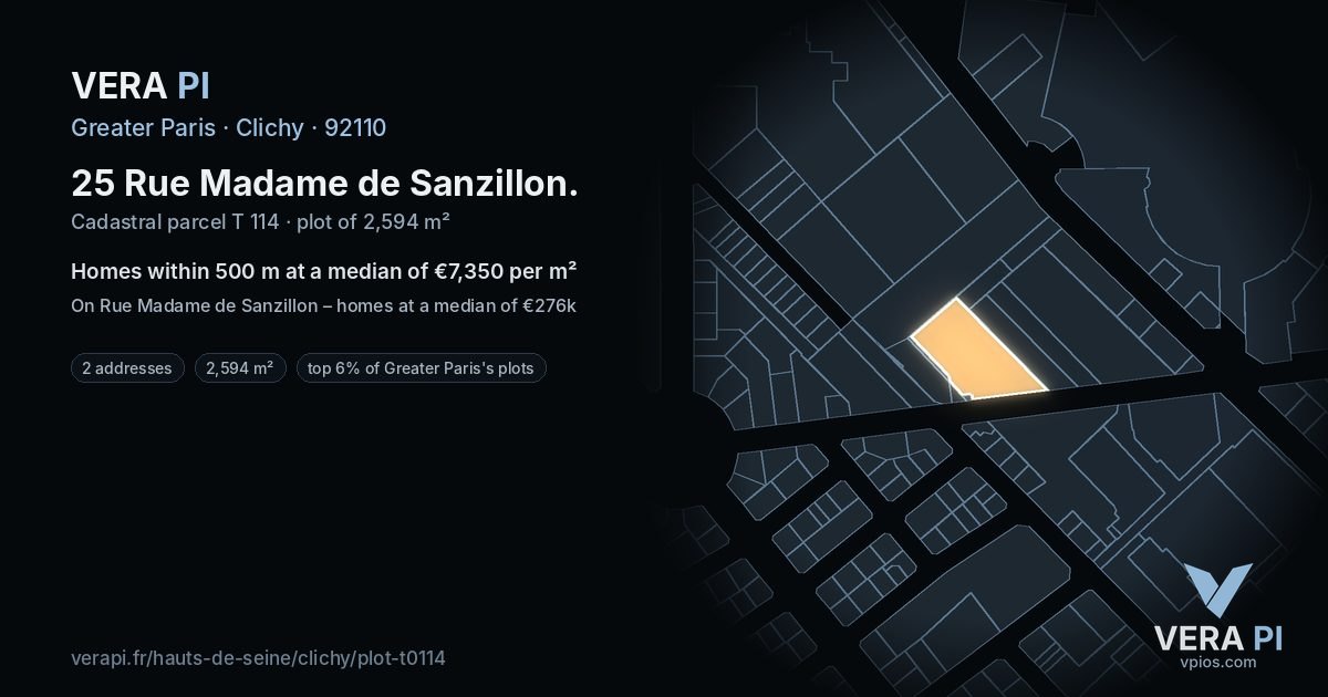25 Rue Madame de Sanzillon, Clichy at night – the plot lit, the parcels around coloured by the prices near them